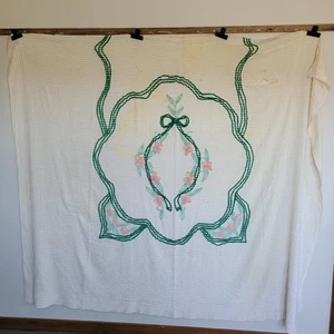 Vintage White Chenille Bedspread w/ Flowers Cutter 87" X 74" - Picture 1 of 5