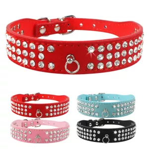 Strass Wildleder Leder Haustier Hundehalsbänder 3-reihig Glitzer Diamanten 4 Farben XS S M L - Bild 1 von 20