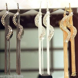 WOMEN'S EXCLUSIVE S-SHAPE LONG TASSELS RHINESTONE HOOK DANGLE LINEAR EARRINGS - Picture 1 of 5