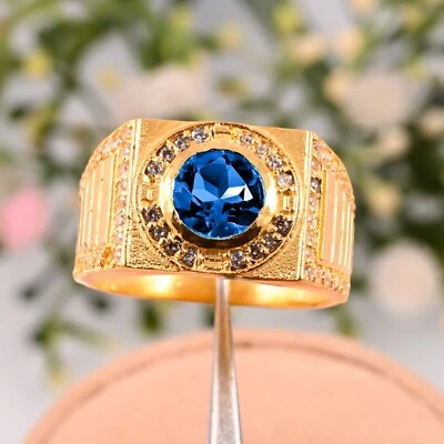 Anel de casamento masculino feito à mão ouro amarelo 14K topázio azul Londres AAA natural presente - Imagem 1 de 3