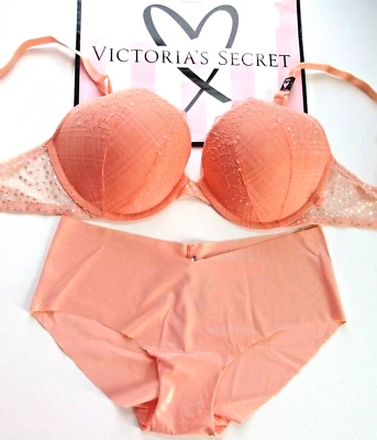Sutiã VICTORIA'S SECRET Push-Up 34D e Calcinha Conjunto M VS Laranja Brilho de Renda Novo com etiquetas - Imagem 1 de 4