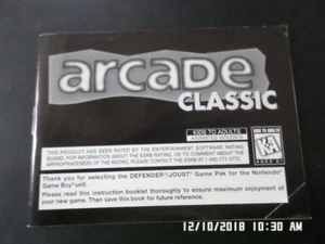 Arcade Classic Defender / Joust (Nintendo Gameboy) GB Manual Only.. NO GAME - Picture 1 of 2