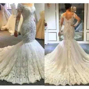 Lace Mermaid Wedding Dresses Beads Sequins Sheer Long Sleeve Applique BridalGown - Picture 1 of 6