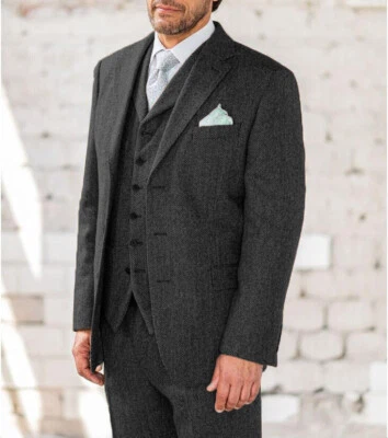 Tweed Men's Suit Vintage 3Pcs Herringbone Business Workwear Formal Blazers - Image 1 of 4