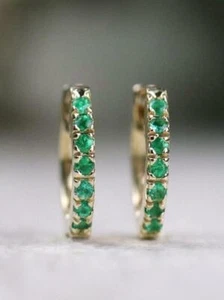 Solid 14K Yellow Gold Natural Green Emerald Baby Hoop Earrings n829 - Picture 1 of 4