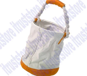 Round Canvas & Leather Tool Tote Bag Bucket With Rope Leather Bottom Portable - Picture 1 of 3