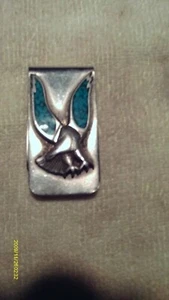 STERLING SILVER TURQUOISE INLAY EAGLE MONEY CLIP - Picture 1 of 9