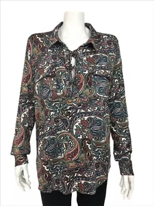 BCBGMaxazria Gr. Large Midnight Paisley Lace Up Long Sleeve High-Low Hem Top - Bild 1 von 7