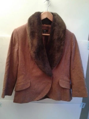 H & M твидовая шерсть терракота съемный меховой воротник женщин качество куртка размер 10 - Изображение 1 из 4