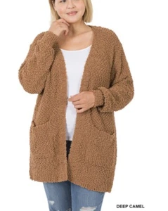 Zenana Premium Cardigan Popcorn Sweater Soft Pockets Womens Plus Size 1XL - Picture 1 of 3