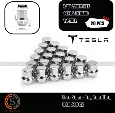 20PC CHROME TESLA MODEL 3 MODEL X MODEL S MODEL Y LUG NUT FIT 14x1.5 STOCK WHEEL - Image 1 of 4
