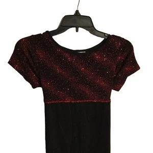 Bonnie Jean Vintage Christmas Dress Long Black & Red Sparkling Top Size 10.5 Tie - Picture 1 of 8