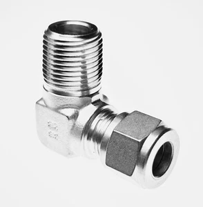 3/8 NPT MALE ELBOW x 3/8 IN TUBE OD COMPRESSION 6LM6316 GYROLOK HOKE 316 SST - Picture 1 of 3