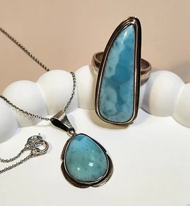 Vintage Southwestern 925 Sterling Silver Larimar Necklace and Ring Size 9 Set - Picture 1 of 11