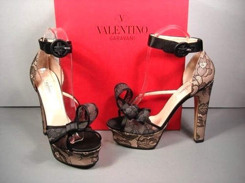 Valentino 37 5 scarpe da sera plateau in pizzo nero fiocco grande cinturino alla caviglia nuove