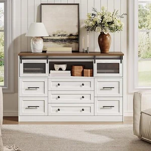 White Farmhouse Dressers for Bedroom 55.1" Wooden Chest of Drawer Long Dresser - Picture 1 of 9