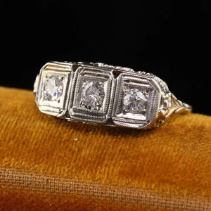 1/2 CTW Round Cut CZ Three Stone Vintage Style Art Deco Wedding 925 Silver Ring - Picture 1 of 6