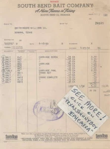 Factura 1950 South Bend Bait Company Indiana aparejo de pesca etc. - Imagen 1 de 1