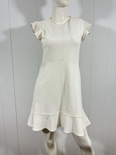 OFF WHITE Mini abito donna Express taglia media orlo a volant bianco sporco avorio nuovo con etichette vestibilità e svasatura