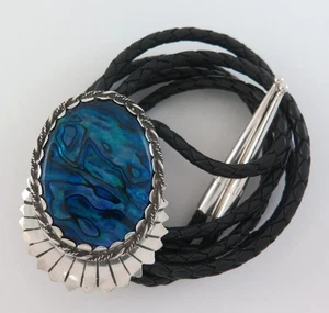 Awesome Large Sterling Silver Blue Abalone Southwestern Sunburst Bolo Tie - Picture 1 of 5