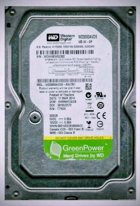 Western Digital WD5000AVDS AV-GP 500GB 32MB SATA 3.5" Internal Hard Disk Drive - Image 1 of 1