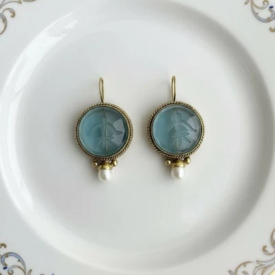 Pendientes Museo Eduardiano Intaglio Perla Azul Oro Aqua Flor Círculo Geométrico Foto 1 de 4