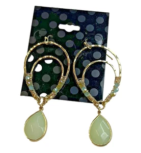 Gold Teardrop Dangle Earrings, Gold & Blue Beads, Mint Green Gemstone, NWOT! - Picture 1 of 4