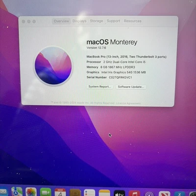 MacBook Pro 13" A1708 2016 Logic Board i5 2.0GHz 8GB 820-00875-01 EMC 2978 S4121 - Image 1 of 2