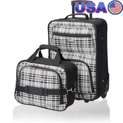 可扩展软边行李箱套装 2 件套直立随身旅行袋黑色格子新品 — 第 1/4 张图片