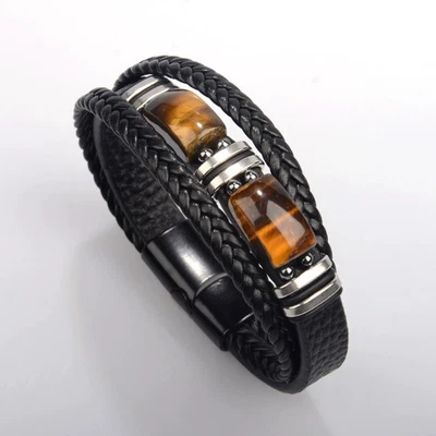 Brazalete con cierre magnético para hombre ojo de tigre acero inoxidable cuero trenzado pulsera Foto 1 de 4