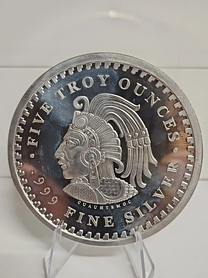 Aztec Calendar - Cuauhtemoc 5 oz .999 Silver USA Made BU Round Capsuled Coin - Image 1 of 2