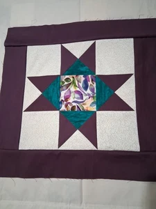 New.. Star Block Table Runner Top (Raw Edge): Wine, Turquoise, Off White, 17x46 - Picture 1 of 6