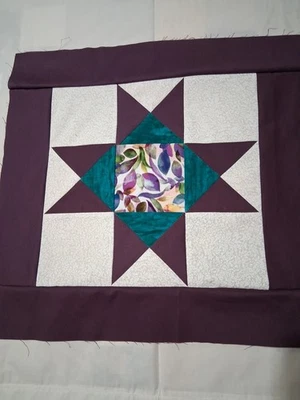 New.. Star Block Table Runner Top (Raw Edge): Wine, Turquoise, Off White, 17x46 - Image 1 of 4