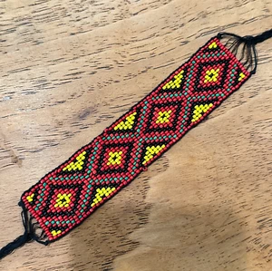 Indian Hand Beaded Red Yellow Black Unisex Tie Tribal Bracelet NEW - Picture 1 of 5