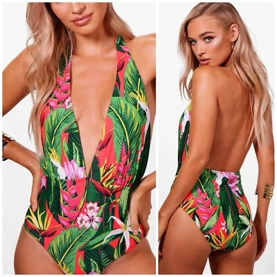 Boohoo Green Red Cuba Tropicana Floral Plunge Halter Neck One Piece Swimsuit 12 - Image 1 of 4