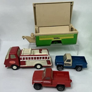 Vtg Tonka Pressed Steel Lot Fire Truck Pumper Pick Up Pop-Up Camper Trailer READ - Picture 1 of 7
