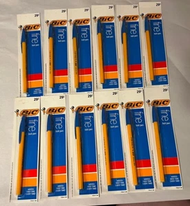 12 Vintage Bic F-29B Fine Point Blue Ink Pen NOS Sealed On Card Yellow - Picture 1 of 2