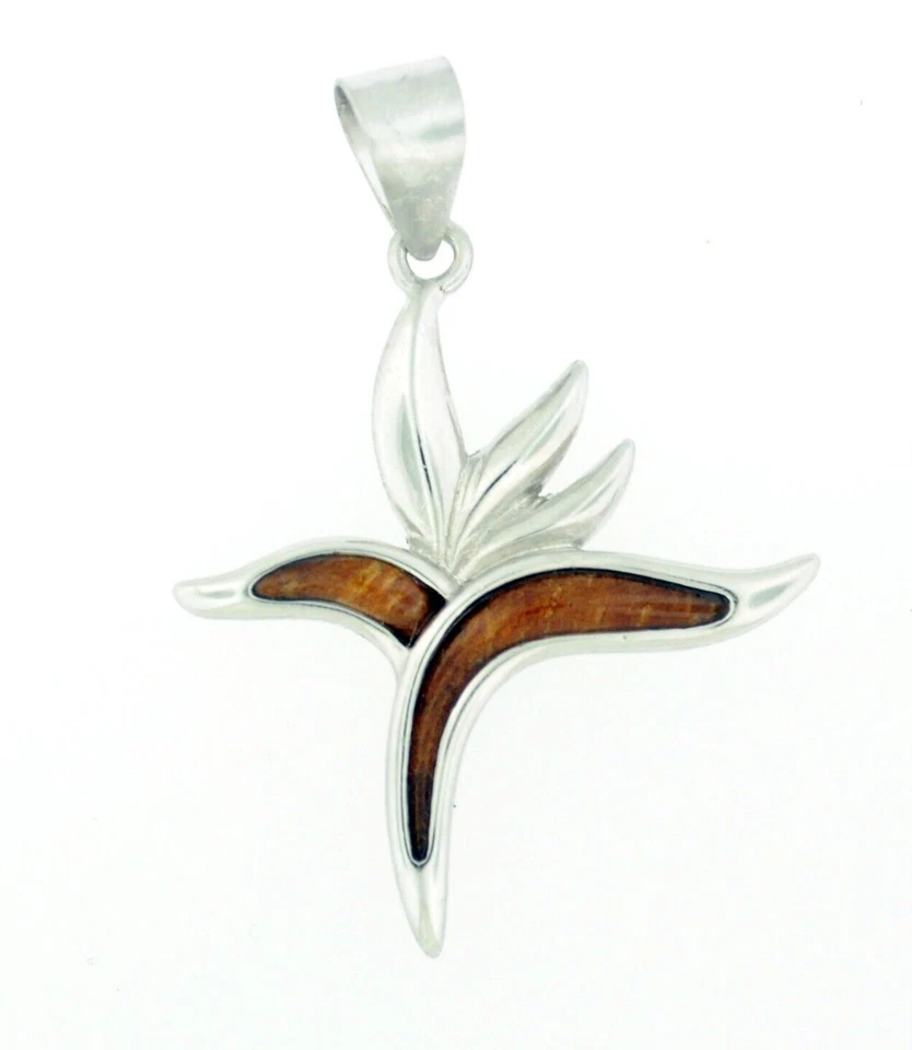Colgante de madera de koa hawaiano natural de plata de ley 925 - Flor de pájaro del paraíso Foto 1 de 1