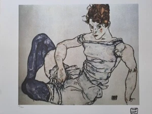 Firmato Egon Schiele - Ragazza in calze blu - Certificato - Foto 1 di 4