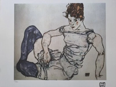 Firmato Egon Schiele - Ragazza in calze blu - Certificato - Immagine 1 di 4