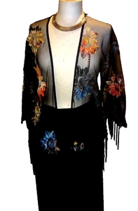 Urban Mist Black Net & Colourful Tapework Shrug Open Front With Tassel Size XL💕 - Picture 1 of 10