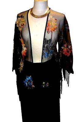 Urban Mist Black Net & Colourful Tapework Shrug Open Front With Tassel Size XL💕 - Image 1 of 4