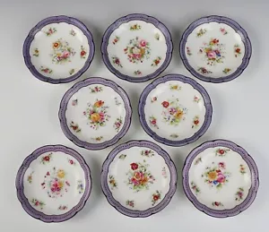 Set 8 Antique Coalport English Porcelain Dessert Berry Bowl Roses Flowers Purple - Picture 1 of 23