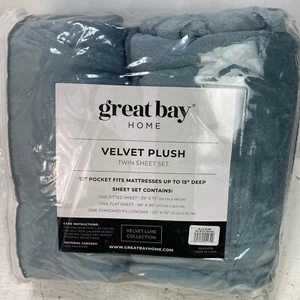 Great Bay Home Micro Cozy Velvet Plush Solid Sheet Set. Blue Surf - Twin, Deluxe - Picture 1 of 3
