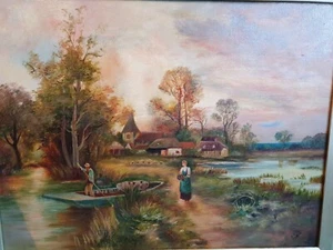 Schönes Ölgemälde Datum 1910 unsicher Künstler, Landszene Schafe & Figuren - Bild 1 von 8