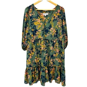 Nanette Lepore grün Blumen Midi Wickelkleid Stufensaum Knopfverschluss Größe 14 - Bild 1 von 8
