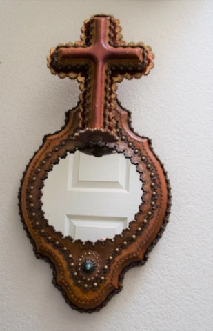 Tooled Leather Framed Mirror Gary Lyon Cross Crucifix Turquoise Sterling Silver Cover
