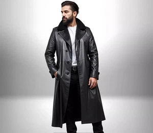 Genuine Black Leather Long Coat For Men Personalized Leather Trench Coat Men New - Picture 1 of 2