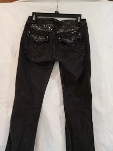 Pantalones de mezclilla para mujer talla 28 Miss Me bolsillos con solapa negros brillantes tiro medio corte bootcut 32 Insea - Imagen 1 de 10