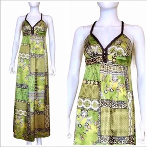 S-Twelve Satin Maxi Dress Green Gold Black Floral Print Braided V-neck - Picture 1 of 8